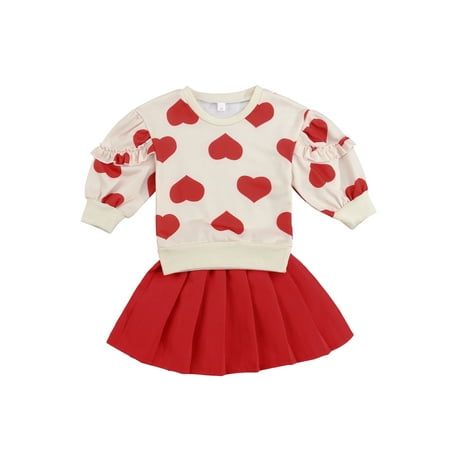 

Livingsenburg Toddler Baby Girls Valentine s Day Outfits Heart Print Pullover Top T shirt Mini Skirt 2Pcs Clothes