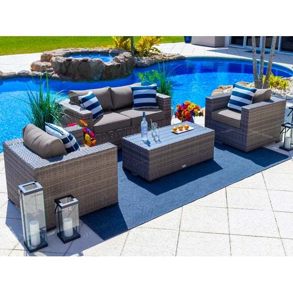 Sorrento 4-Piece M Resin Wicker Outdoor Patio Furniture Conversation Sofa Set in Gray w/ Loveseat, Two Armchairs, and Coffee Table (Flat-Weave Gray Wicker, Polyester Light Gray)