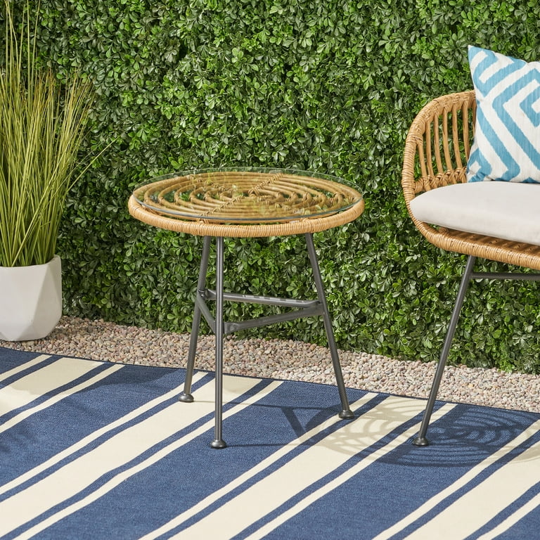 FFZ Outdoor Rattan Side Table with Tempered Glass Top and Steel