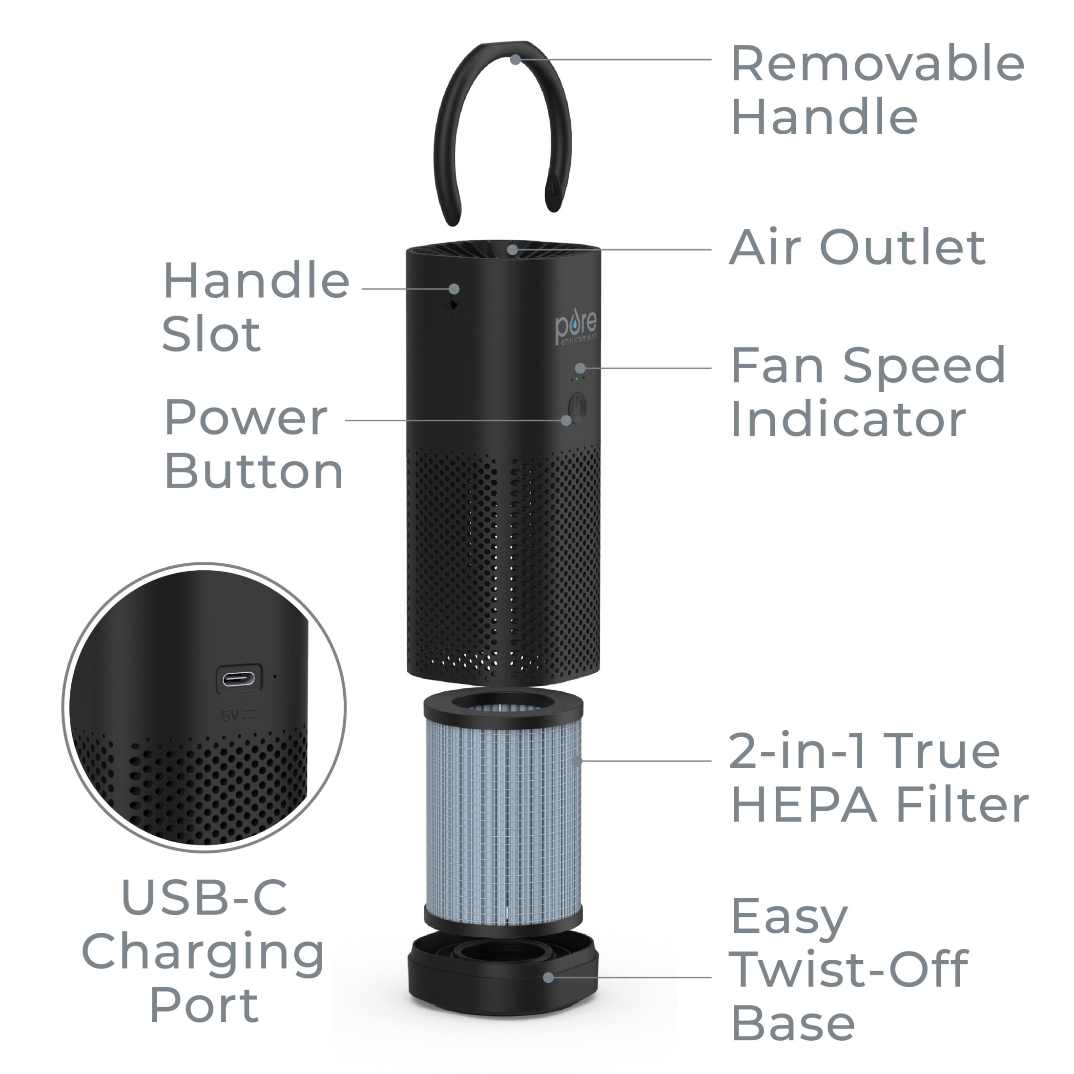 Pure Enrichment PureZone Mini Portable Air Purifier - Cordless True HEPA Filter Cleans Air & Eliminates 99.97% of Dust, Odors, & Allergens Close to You - Cars, School, & Office (Black)