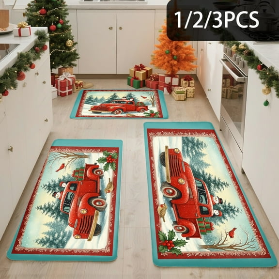 3PCS Kitchen Mat set, Welcome Door Flannel Rug,Home Decor for Front Door,Kitchen, Bathroom, Red Truck With Christmas Trees ,Great Christmas Housewarming gift for Family and Friends.