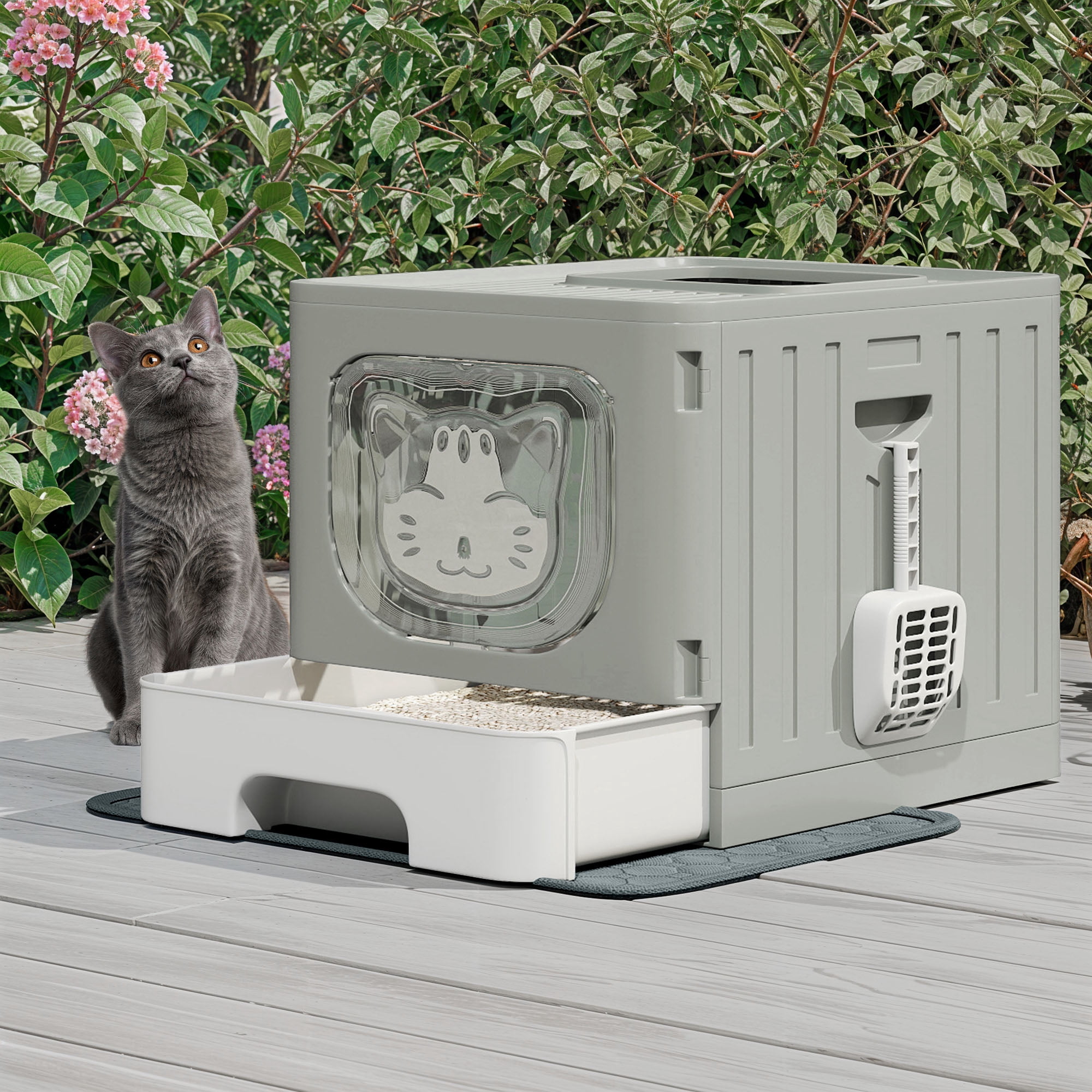 Uforic Large Enclosed Cat Litter Box with Mat and Litter Scoop,Cat Toilet Box with Lid Drawer Type Easy to Clean,Gray