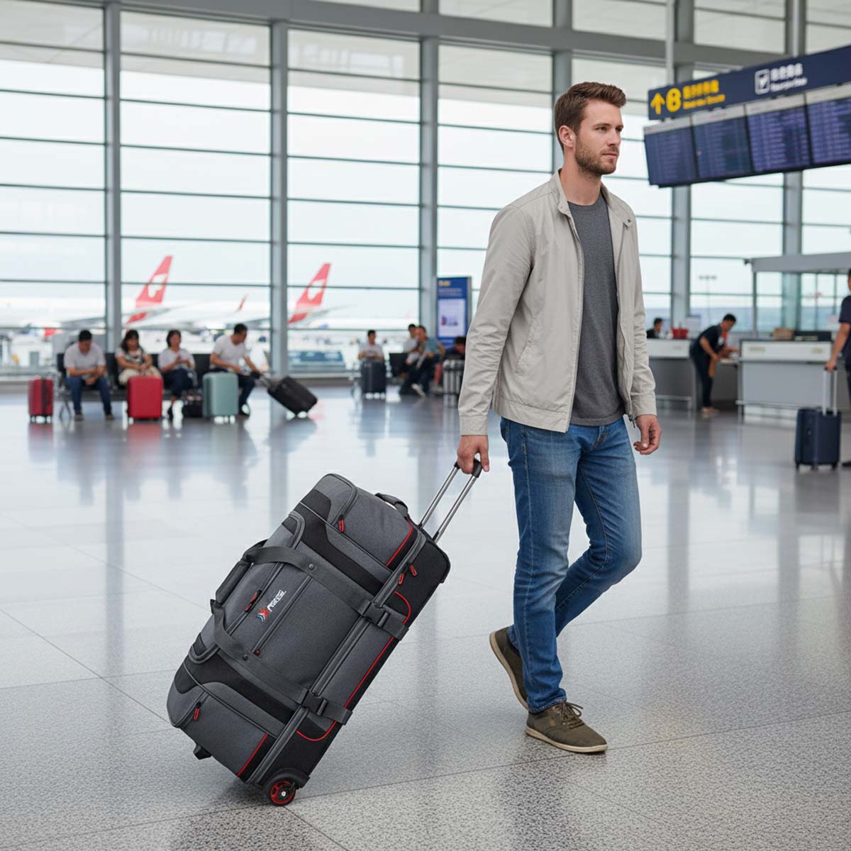 30 Inch Rolling Duffle Bag with Telescopic Handle, Wheeled Duffel Bag with Drop-Bottom,  Large Luggage Bags for Travel, Grey/Red, TBL074