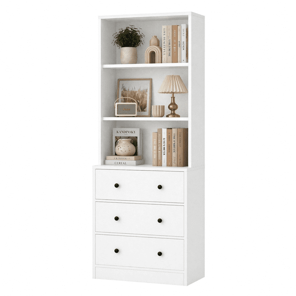 RichYa 71'' Tall Bookcase with 3 Drawers, 3-Tier Open Display Bookshelves, Freestanding Storage Cabinet for Home Office,Living Room,White