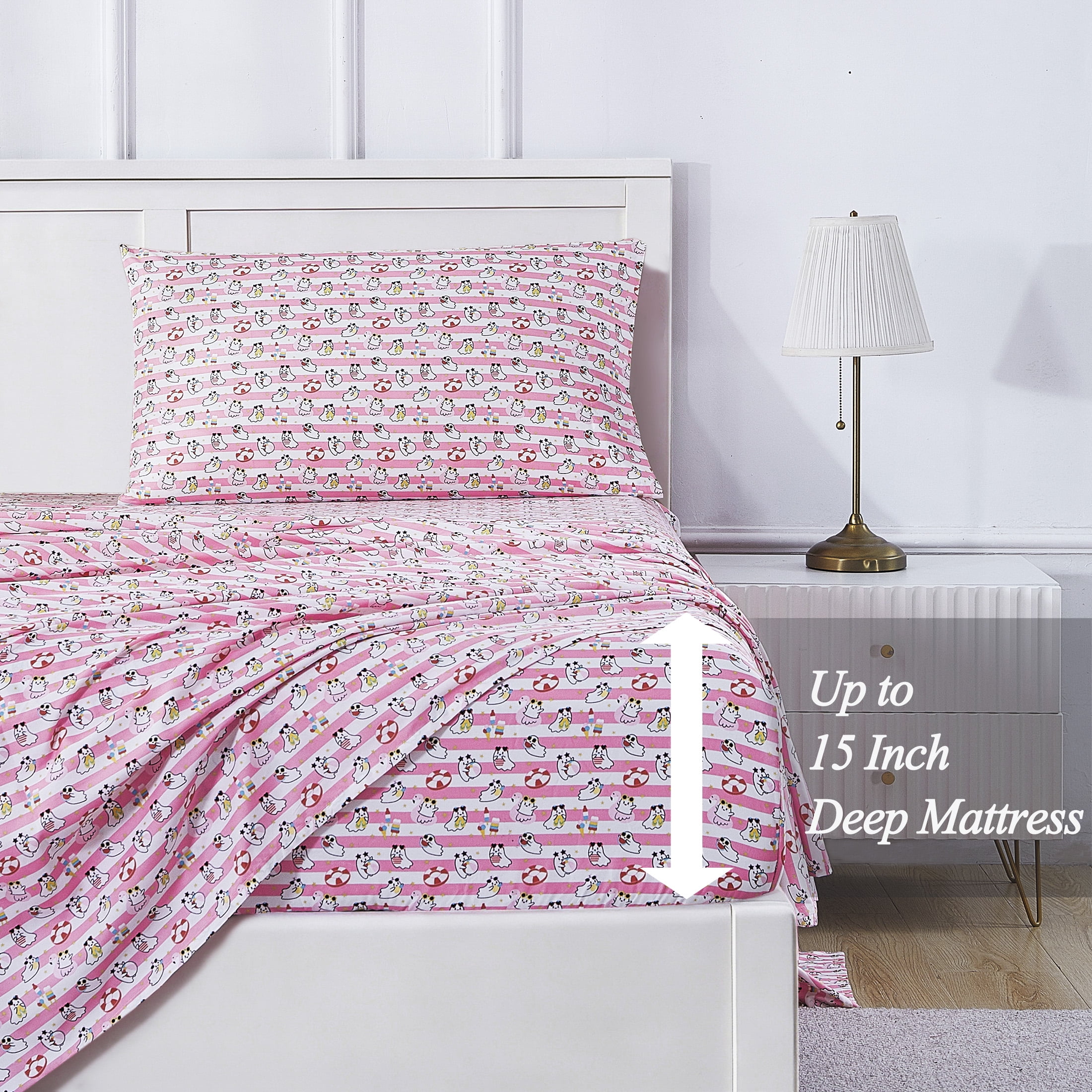 Summerween Soft Microfiber Sheet Set, 3- Piece, Pink & White Nautical Ghosts, Twin-XL