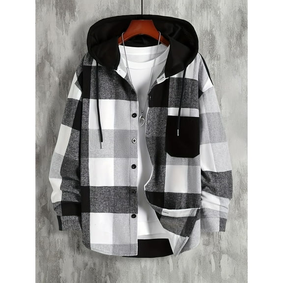 YATELLE Manfinity Homme Men Plaid Print Drawstring Hooded Shacket Without Tee