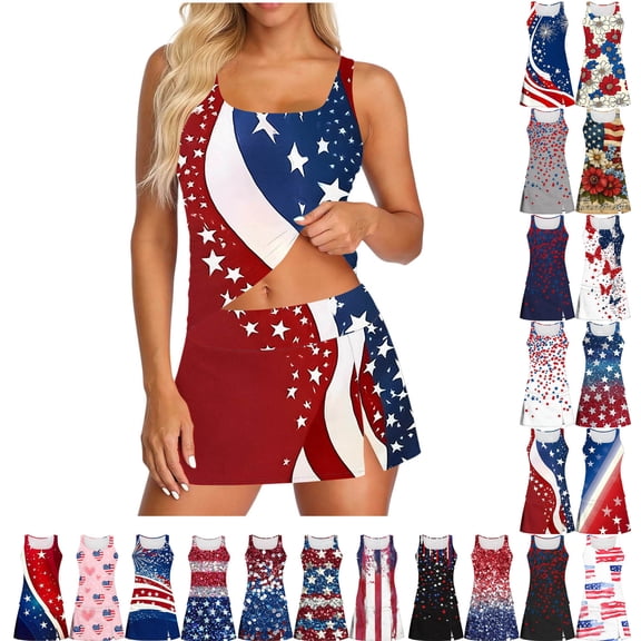 Danhjin 4th of July Tankini Swimsuits for Women Independence Day's 3 Piece Sets Tankini Top with Skirt and Brief Printed Tummy Control Bathing Suit
