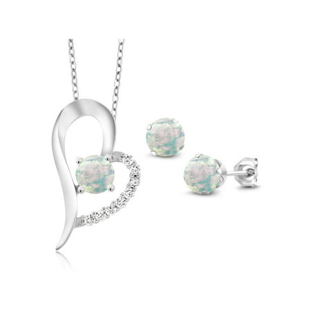 Cabochon Jewelry Set - 2.27 Ct Round Cabochon White Simulated Opal 925 Silver Pendant Earrings Set