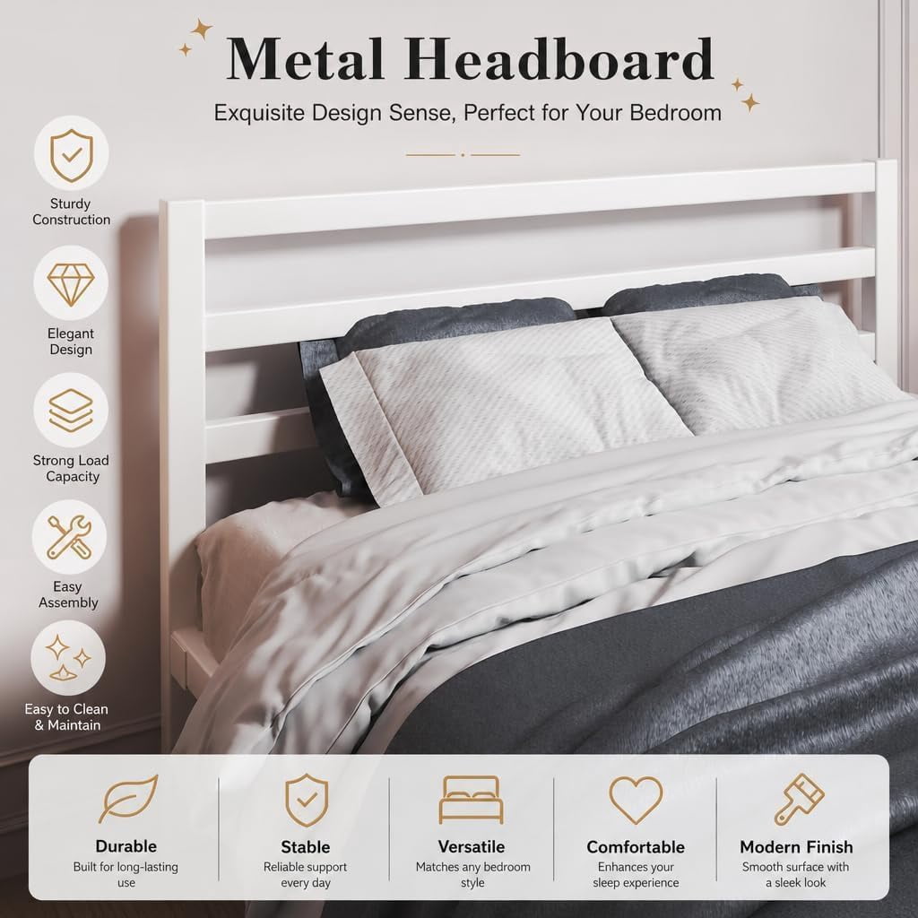 Full Size Metal Platform Bed Frame with Headboard, Heavy Duty Steel Slat Support, Under-Bed Storage, No Box Spring Needed, White