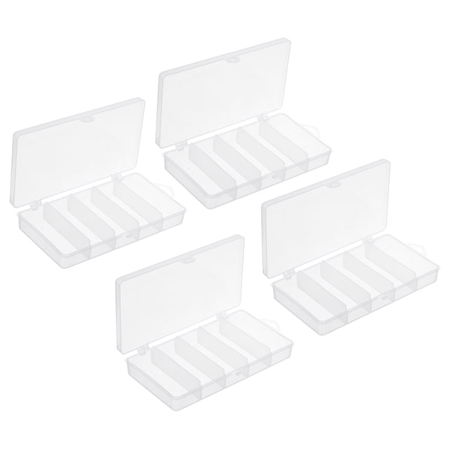 Unique Bargains Fishing Tackle Box, 4 Pack 6.9 x 3.5 x 1.1 Inch Plastic 5-Grid Fish Lure Bait Hooks Accessory Storage Container, Clear