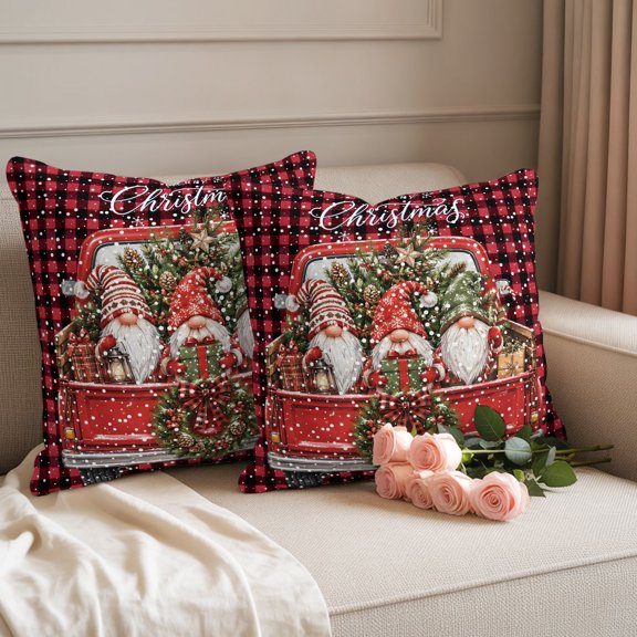 Outdoor Pillow Covers Christmas Gnome Wreath Pinecones Waterproof Pillow Cases 18x18 Set of 2, Winter Snow Red Plaid Throw Pillow Cover Pillowcase for Patio Balcony Couch Garden
