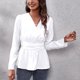 thumbnail image 2 of Blusas peplum delgadas con cintura y cuello en V para mujer, blusas elegantes informales con mangas abullonadas, lavables a máquina para citas en la oficina al aire libre, 2 of 5