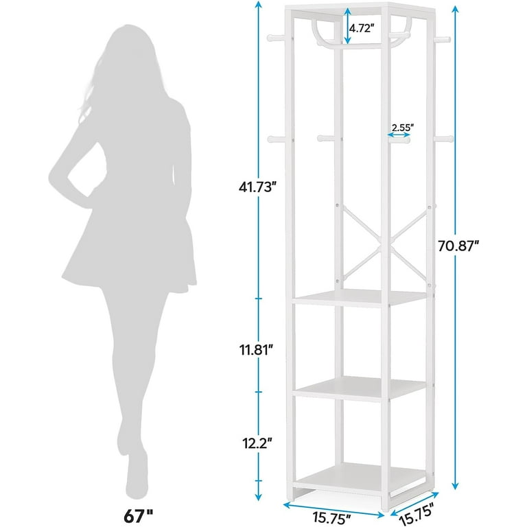 Tribesigns Freestanding Small Clothes Rack, Closet Organizer with 4 Shelves and 8 Hooks for Entryway,Bedroom, White