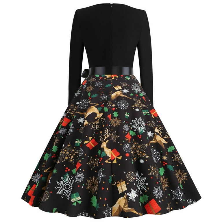 Long Sleeve Cocktail Dress Women's Christmas Cocktail Dress - Long Sleeve  A-Line Party Dress With Belt, Vintage Holiday Outfit