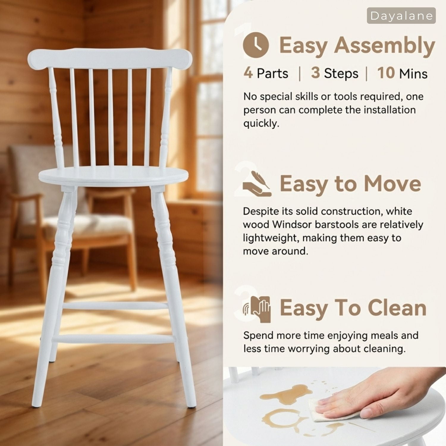Dayalane 24" Windsor Bar Stools Set of 3, Antique-style Counter Height Barstools with Spindle Back & Turned Legs, Rustic Vintage Colonial Wooden Island chair for Kitchen/Breakfast Bar/Home Pub, White