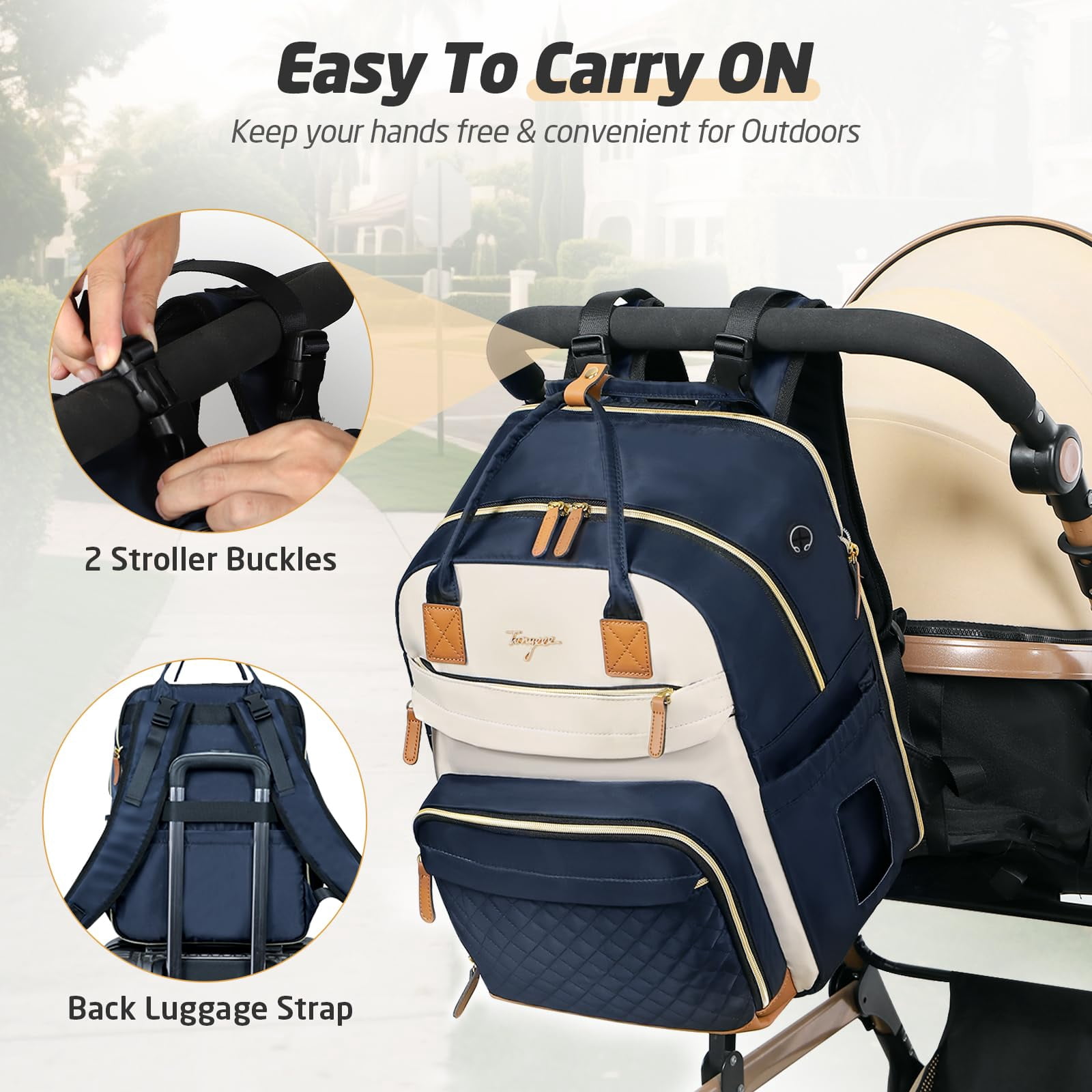 Diaper Bag Backpack, Extra Large for Twins & 2 Kids, Expandable 25-37L Travel Baby Bag with Changing Pad & Earphone Hole, Apricot Blue