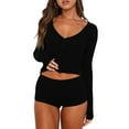 thumbnail image 2 of Womenacute;s Spring Summer Outfit Sets Long Sleeve Button Tops + Solid Color Low Waist Shorts, 2 of 8