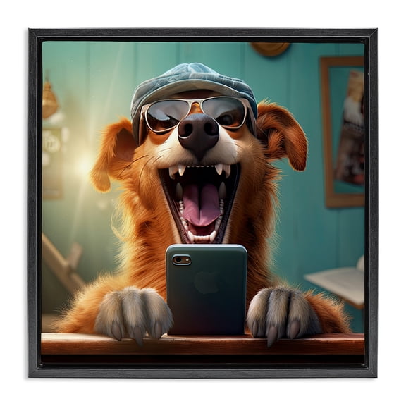 Stupell Industries Cottage Happy Dog on Cell Phone Black Floating Frame Canvas Art, 18 x 18, by Jim Baldwin