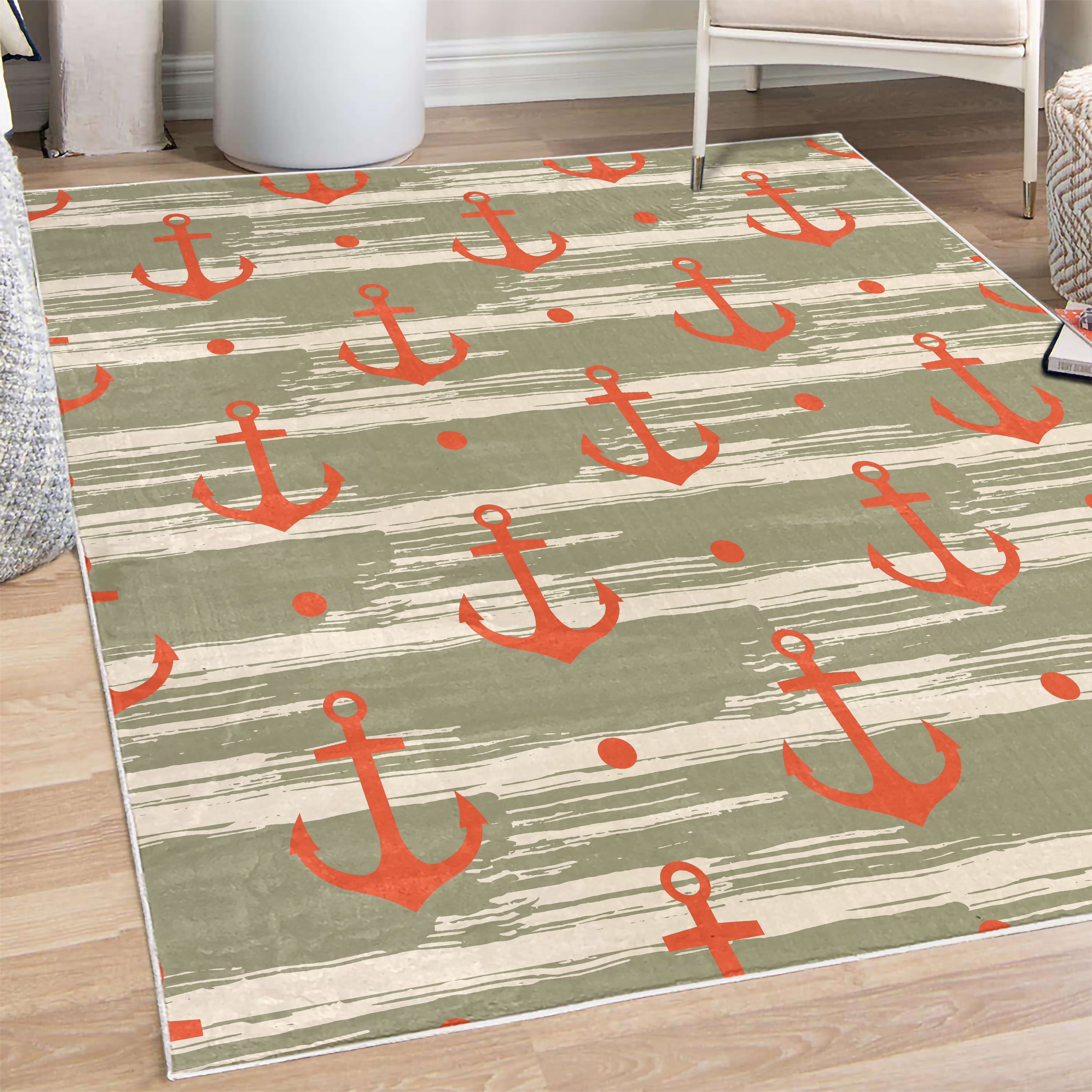 Marine Decorative Rug, Anchors and Skulls Crossed Bones Dots Pirate
