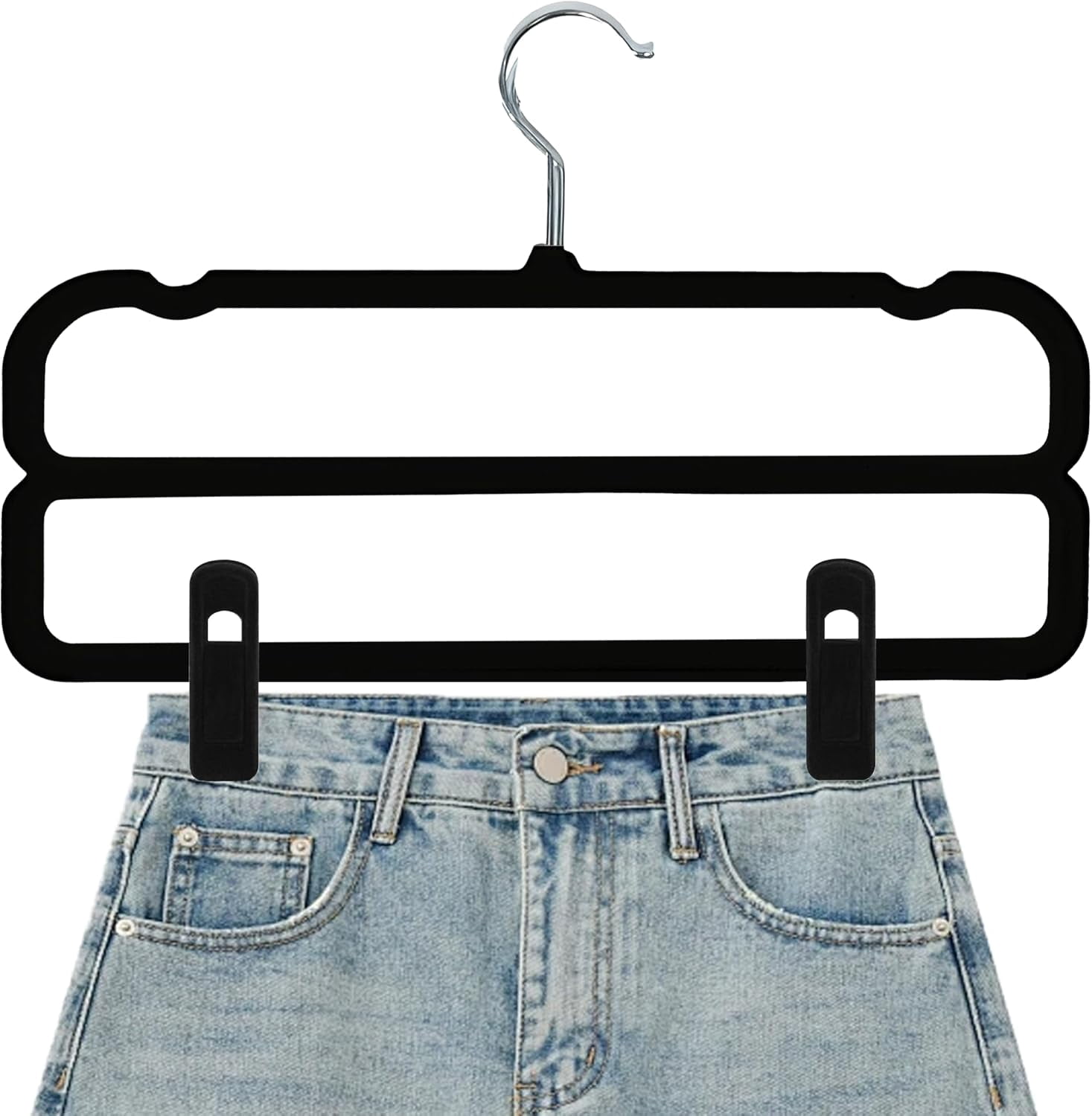 Velvet Hangers Non Slip - 20 Pack Pants Hangers for Closet - Thin Space Saving Clothes Hanger - Strong, Durable, Jean Perchas with 360 Degree Rotatable Hook for Tank Top (Black Silver Hook)