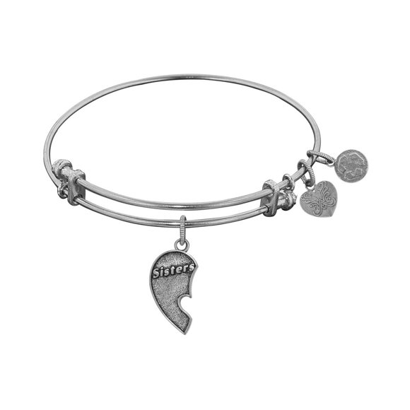 White Stipple Finish Brass Left-Half Heart Sisters Angelica Bangle Bracelet, 7.25"