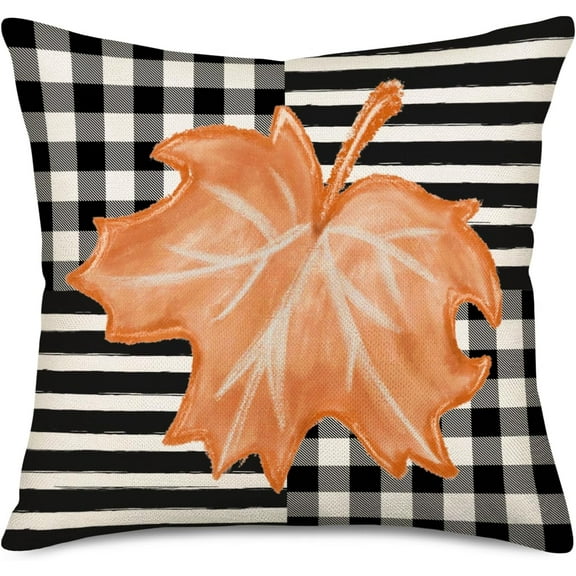 Autumn Leaves Fall Pillow Cover 20x20 Inch Orange Maple Leaf with Black White Buffalo Plaids Stripe Throw Pillow Covers for Fall Decor Farmhouse Thanksgiving Decorative Pillow Cases for Couch
