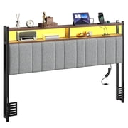 Pinmoco Headboard for Queen Size Bed with Storage, Linen Upholstered Head Board with LED Light and Charging Station, Gray, Headboard Only(Bed Frame Not Included)