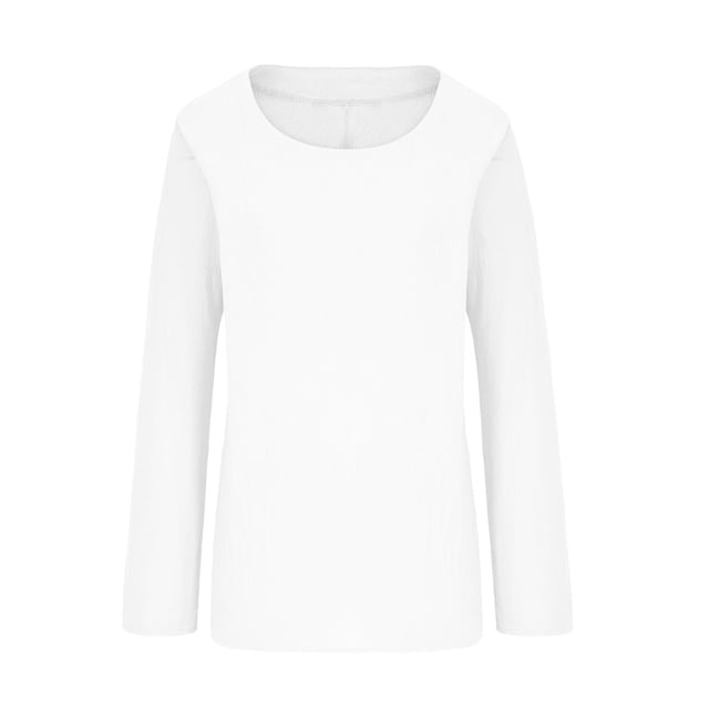 Hauts en Lin pour Femmes à Col Rond et Manches Longues, Fabriqués en Tissu Léger en Coton et Lin. le design Blanc Uni Est Décontracté et Polyvalent, Parfait pour l'Automne et l'Hiver. Convient à Agencer avec des jeans, des Jupes Ou à Superposer sous des Vestes. Catégorie Chemises et blouses pour Femmes.