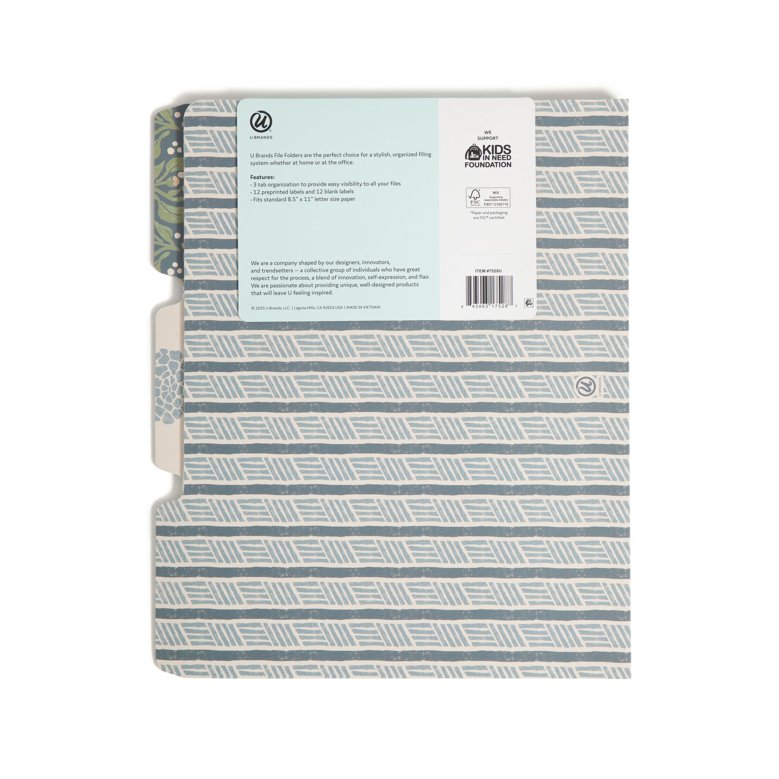 U Brands Fashion File Folders, Set of 12, Handcrafted Haven Blue, 1/3-Cut Tabs, Letter Size