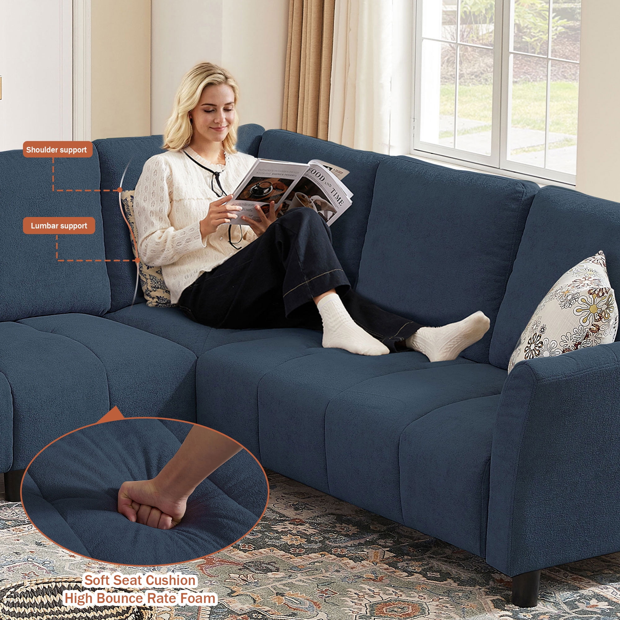 Pingliang Home 102" Convertible Sectional Sofa with Long Ottoman,Upholstered Oversized Modern 6 Seat L Shaped Couch Corner Sofa with Back Cushions for Living Room Apartment Office Studio