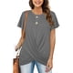 thumbnail image 1 of Camiseta de manga corta para mujer, cuello redondo, parte delantera torcida, ajuste holgado, Color puro, Top informal de verano, 1 of 5