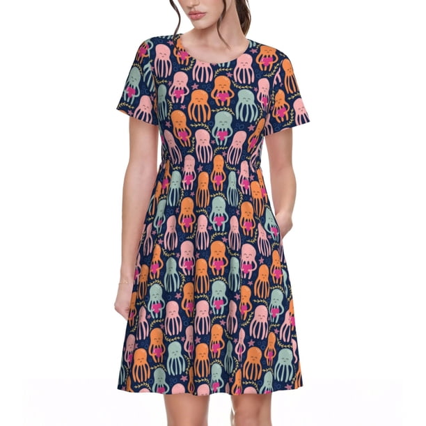 Balery Octopus in love Vestidos sueltos de manga corta para mujer, vestidos de verano 2025, vestidos casuales de corte A con vuelo.