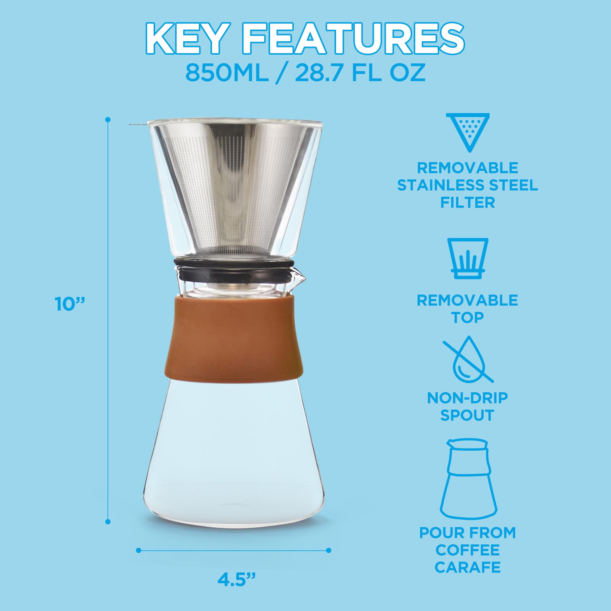 GROSCHE Amsterdam Glass Pour Over Coffee Maker - Single Cup Manual Dripper Brewer w/Removable Glass Top & Permanent Stainless-Steel Filter - 27.6 fl oz - Ideal for Home, Camping, & On-the-Go Brewing