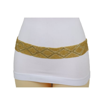 Women Tie Fashion Belt Yellow Gold Beads Wrap Around Hip Waist Size M L