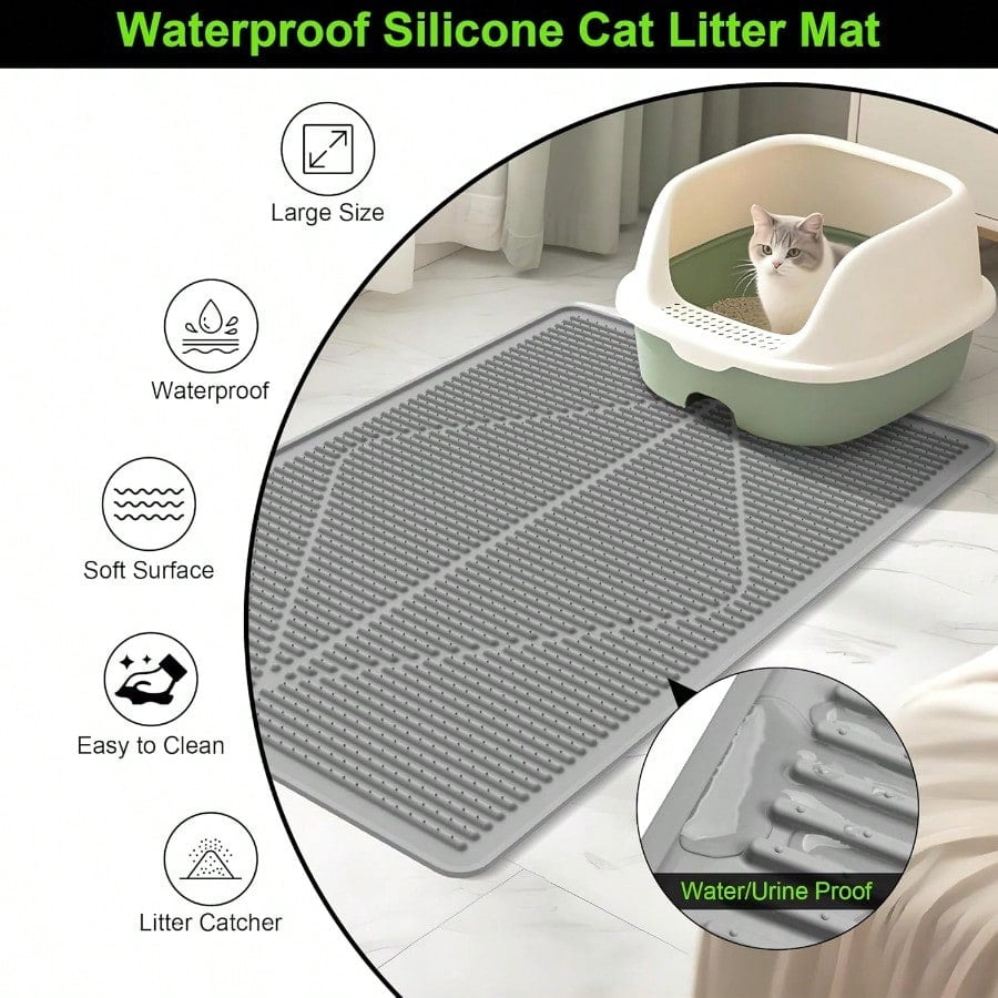 Cat Litter Mat XXL Waterproof Kitty Litter Box Mat For Floor Extra Large Pet Trapping Litter Rug Pad Silicone Cat Supplies Accessories For Indoor Cats 38 X 25 Grey
