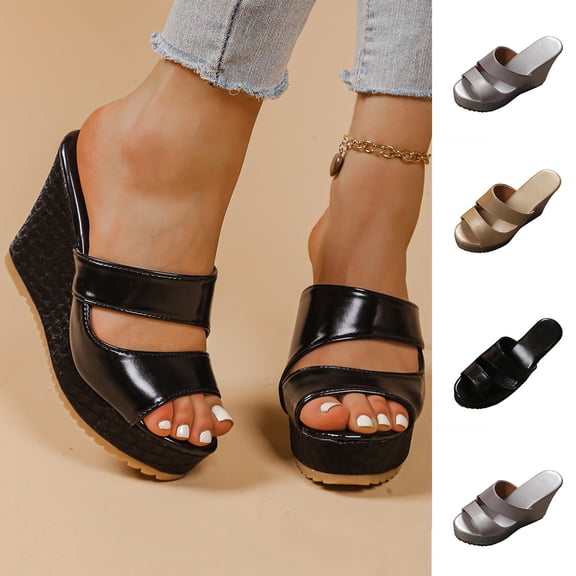 Miluxas Women's Platform Wedge Sandals Comfortable Slip-On Open-Toe Sandals Outdoor Non-Slip Two Band Sandals Slippers Silver 9(42)