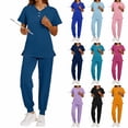 thumbnail image 1 of Conjuntos de uniforme médico para mujer, 2 piezas, color liso, cuello en V, manga corta, botones, aberturas laterales, pantalones con cordón elástico y bolsillos., 1 of 10