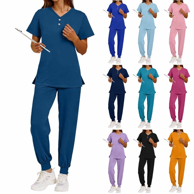 Conjuntos de uniforme médico para mujer, 2 piezas, color liso, cuello en V, manga corta, botones, aberturas laterales, pantalones con cordón elástico y bolsillos.