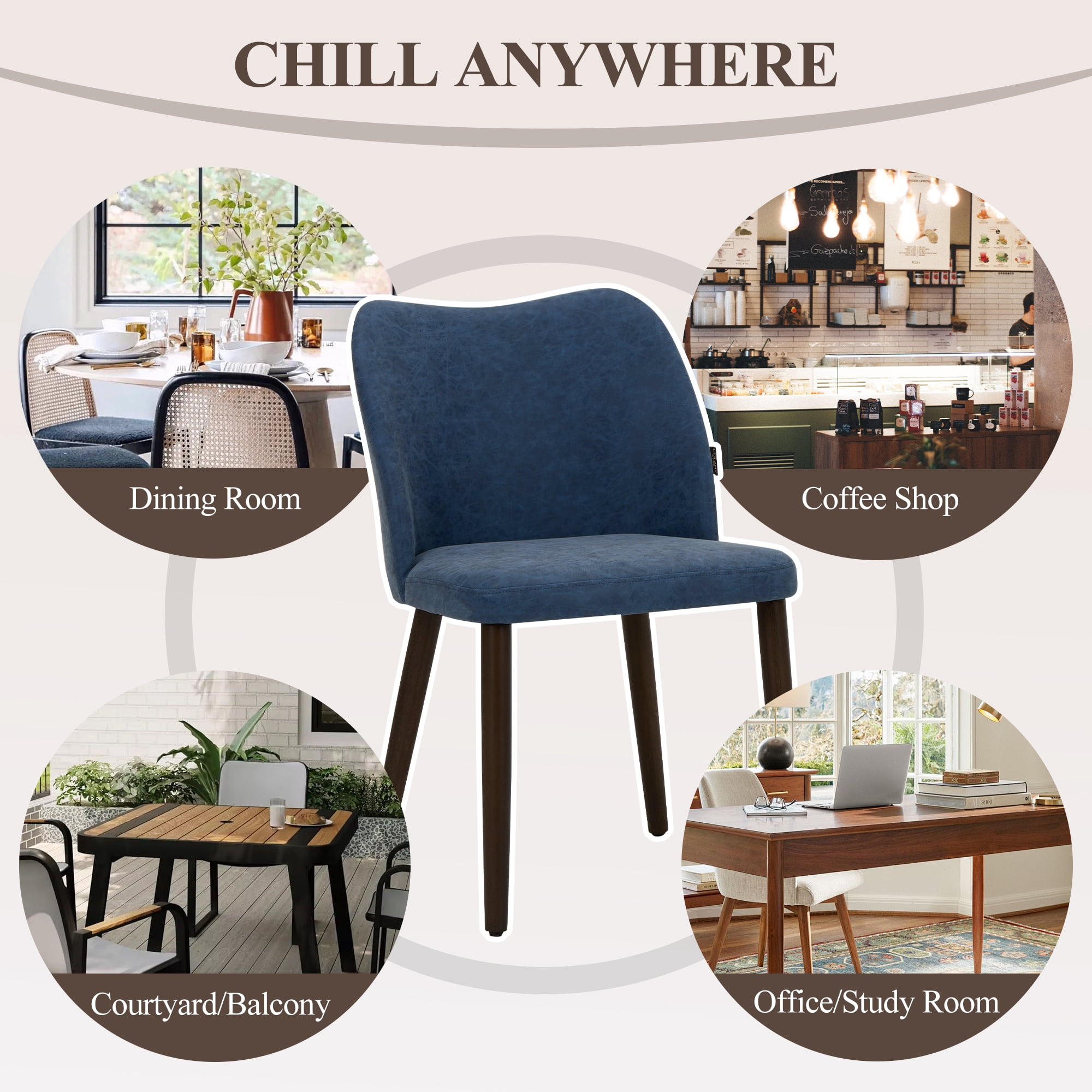 AFO PU Modern Dining Chairs with Wooden Legs, Upholstered Kitchen Side Chairs for Dining Room, Restaurant and Café, Set of 4, Blue