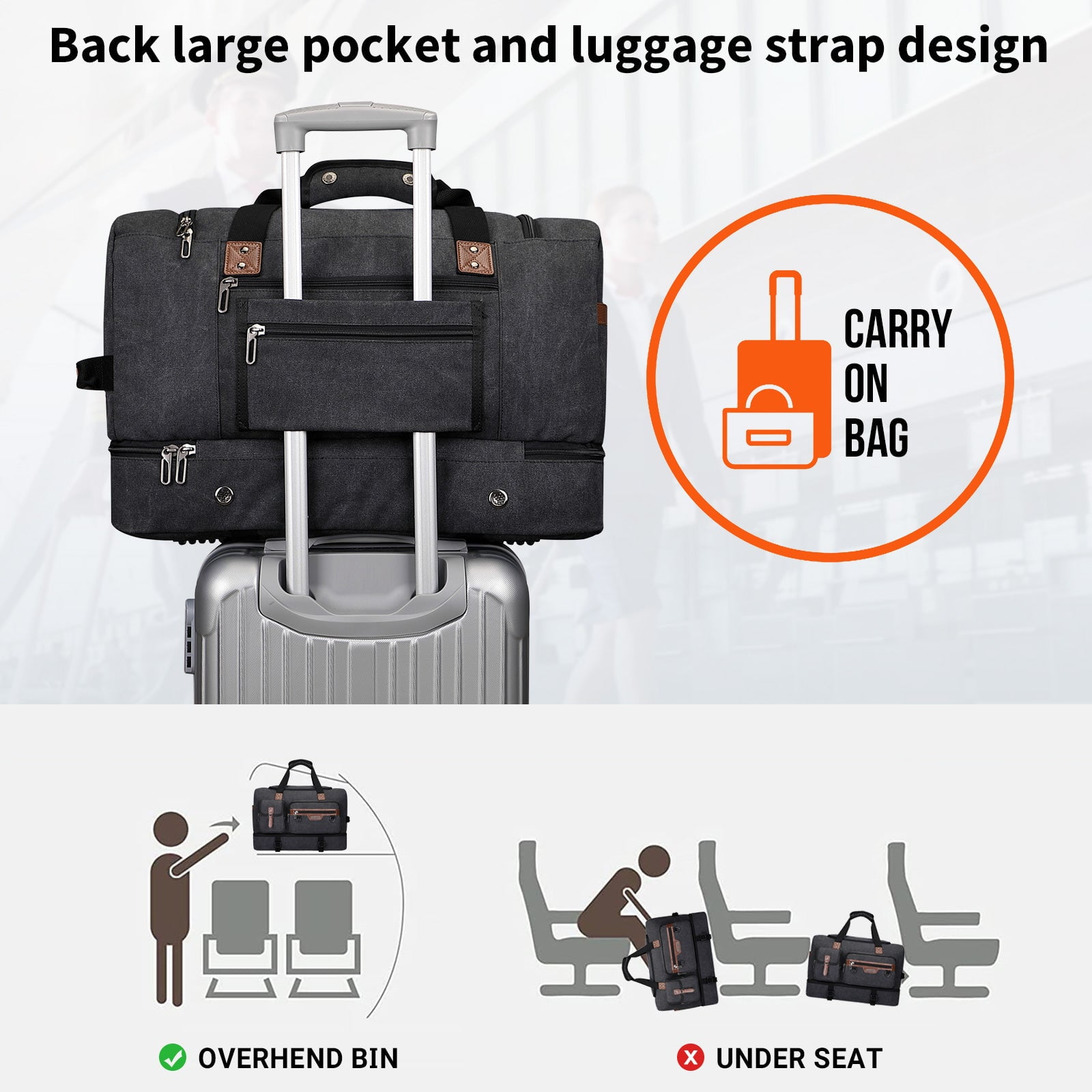 WITZMAN Canvas Weekender Bag Mens Overnight Bag for Traveling Carry on Duffle Bags with Shoes Compartment(A8010 Black)