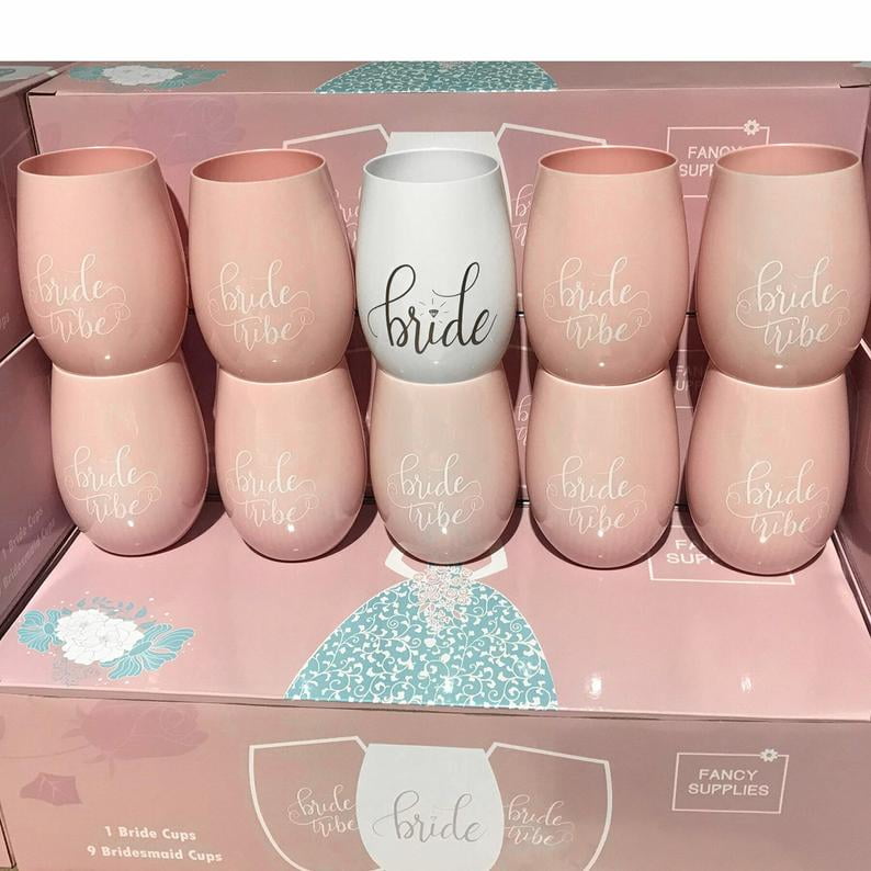 9 Bride Tribe Plastic Pink White glasses 10 Pink Stemless Wine Cups 1 Bride 