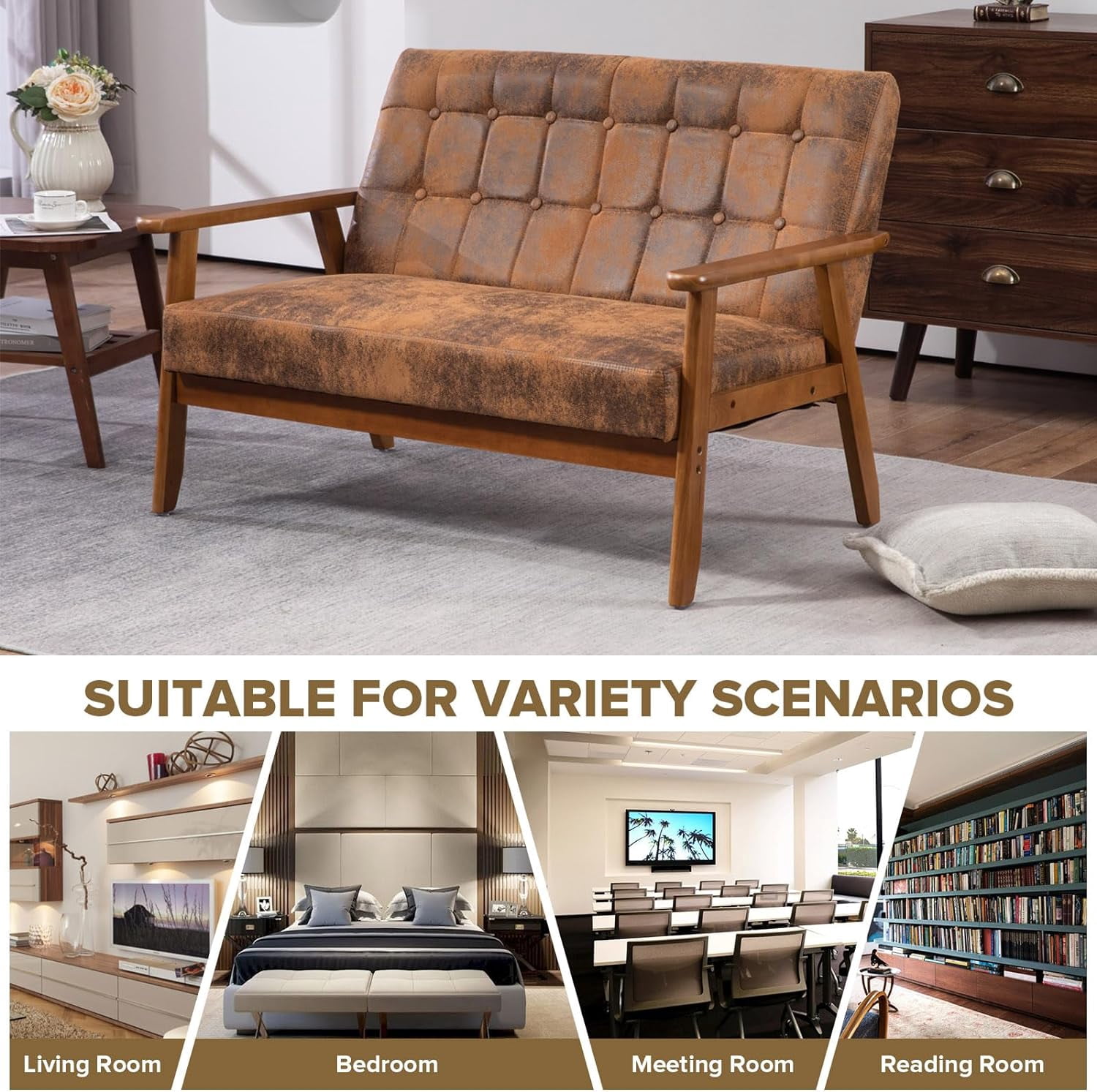 Miniyam Mid Century Modern Loveseat,2-Seat Microsuede Fabric Upholstered,Reading Couch,Accent Sofa,Coffee