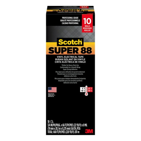 Scotch Super 88 Electrical Tape, 3/4" x 66' x 0.0085", 10 per Case