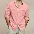 thumbnail image 2 of WTOBBYMen's Cotton Linen Blend Long Sleeve Shirt, Solid Color Breathable Button Down with Two Pockets for Daily Casual Wear & Travel Essentials,Pink 2XL, 2 of 5
