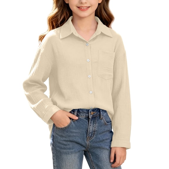 Boys and Girls Crinkle Textured Button Down Shirt, Long Sleeve Collared Casual Top with Chest Pocket, Beige, 3 Years