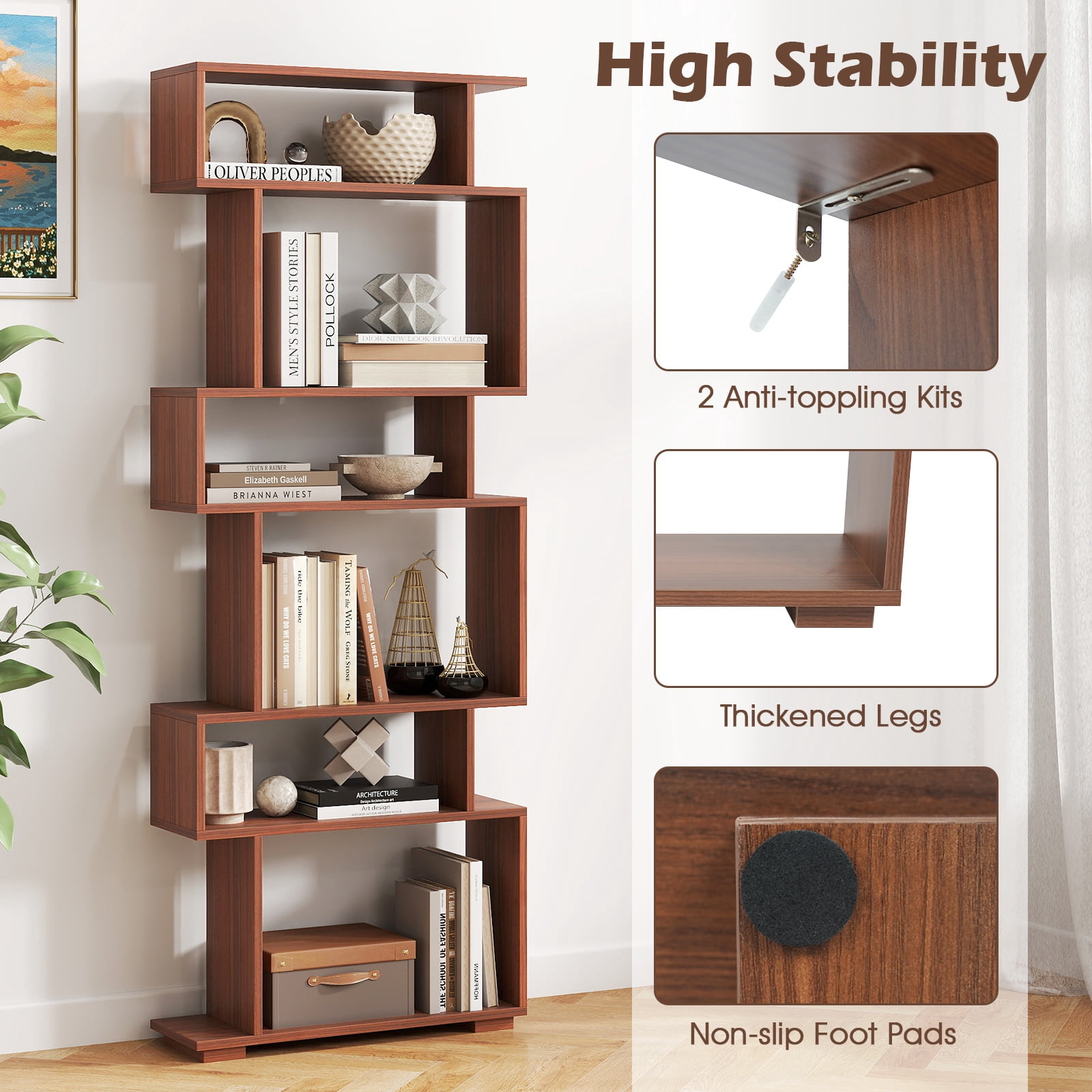 Costway 6-tier Storage Bookshelf S-shaped Geometric Bookcase with Anti-toppling Kits Orange