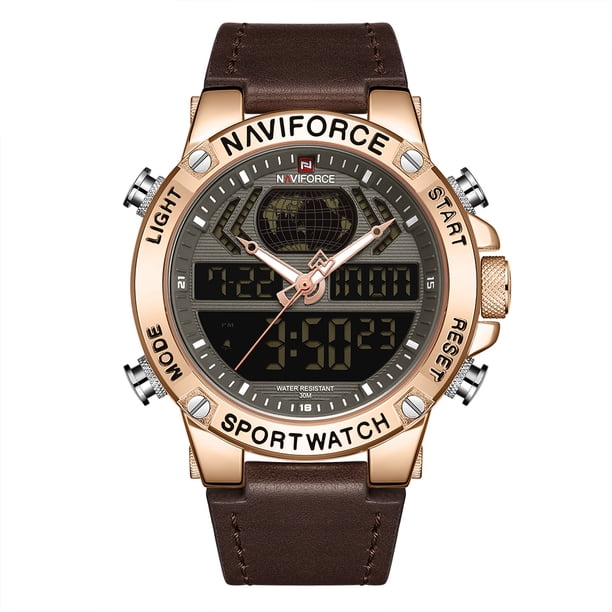 Temporizador NAVIFORCE Reloj de pulsera electrónico de cuarzo con banda de cuero Profesional 3ATM Resistente al agua GMT Time Multifuncional Luminoso Movimiento doble Cronógrafo Reloj para hombre NF91 NAVIFORCE Temporizador