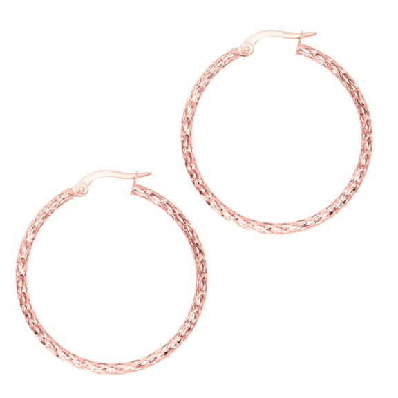 10K Rose Gold Diamond Cut Round Hoop Earrings 1.5x30mm