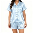 thumbnail image 2 of BaoFuBaoMei Button up Satin Pajamas Women Collared Short Sleeve Top and Shorts Sleepwear 2 Piece Striped Comfy Lounge Set, 2 of 6
