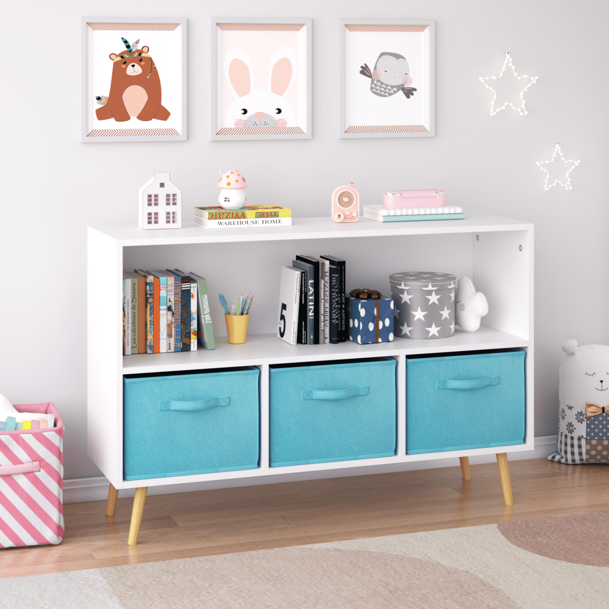 Baby Furniture, Kids bookcase with Collapsible Fabric Drawers, Children's Book Display, Toy Storage Cabinet Organizer, White/Blue, White+Blue Kids Furniture,Mdf Kids Furniture